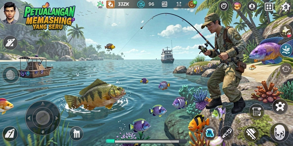 Screenshot gameplay 33ZK dengan ikan yang sedang menarik pancing.