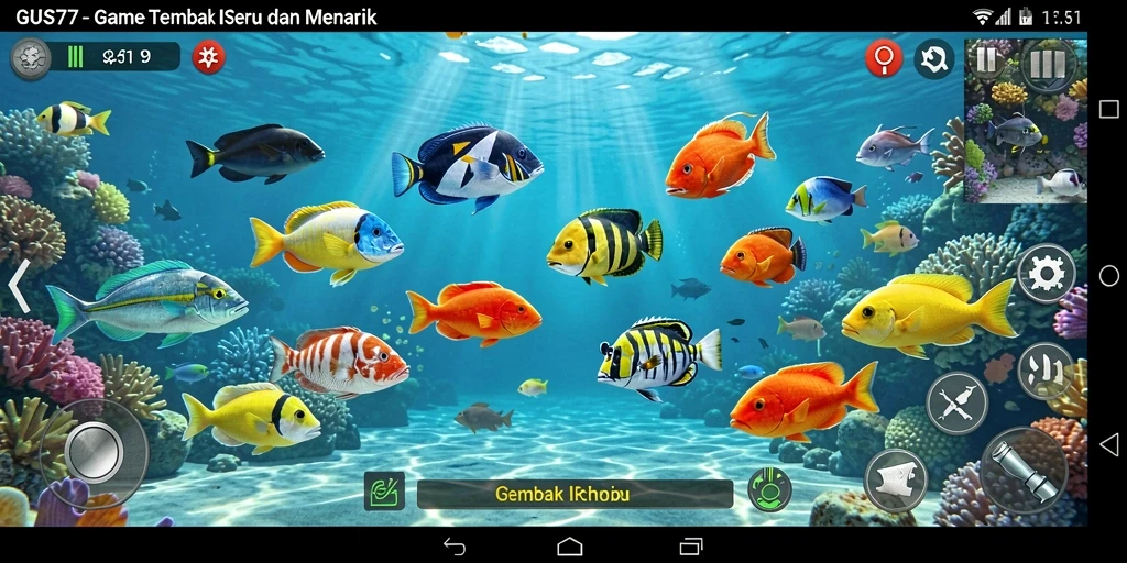 Tangkapan layar utama GUS77 menunjukkan aksi menembak ikan yang seru.