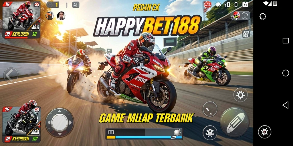 Screenshot utama <strong>HAPPYBET188</strong> menampilkan motor balap di trek yang menantang.