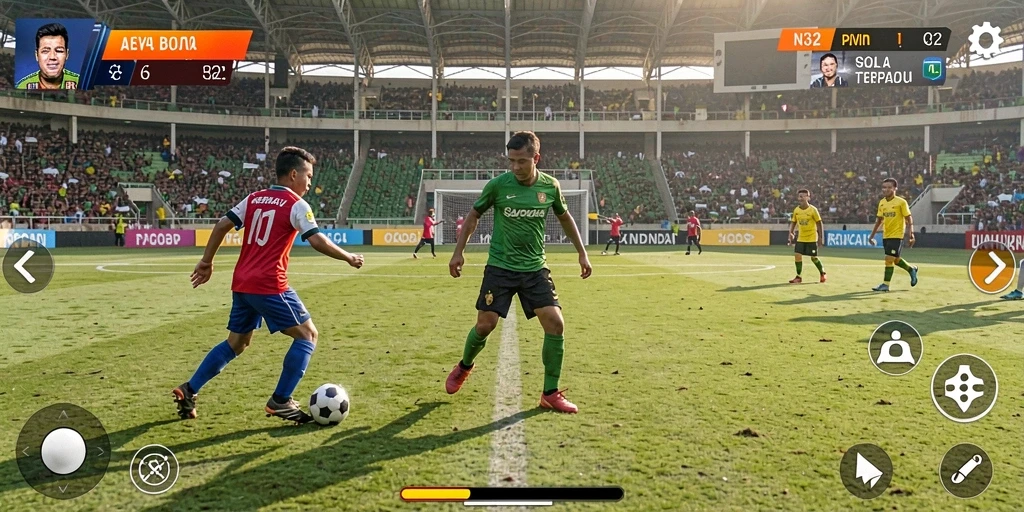 Tangkapan layar N32 menampilkan skenario pertandingan sepak bola yang intens.