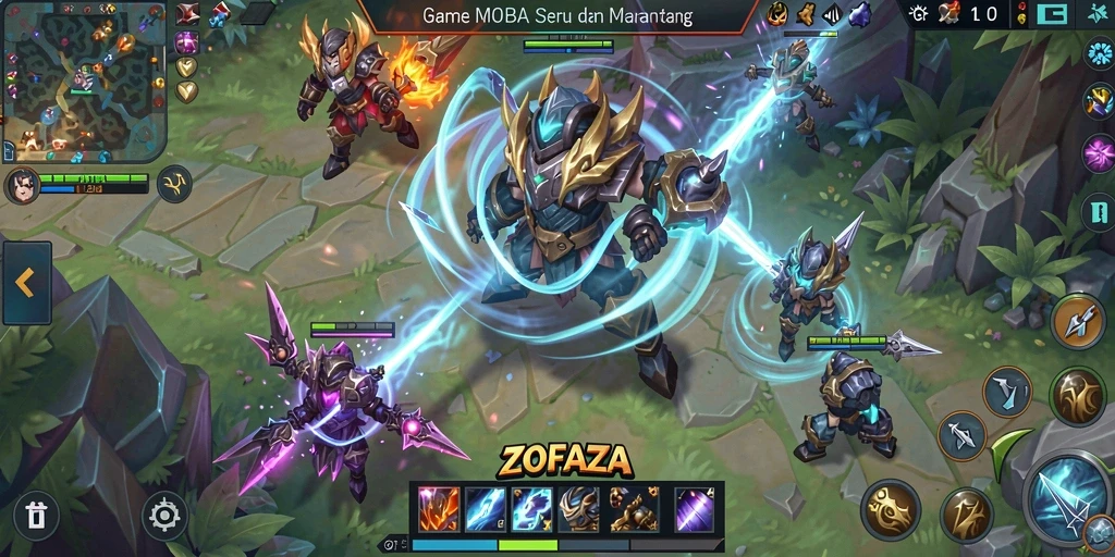 Gameplay seru ZOFAZA dengan pertempuran tim yang intens.